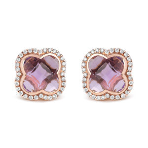 18K Rose Gold 3/8 Carat Diamond & Purple Amethyst Gemstone Halo Stud Earrings
